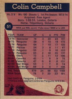 1984-85 O-Pee-Chee #51 Colin Campbell Back