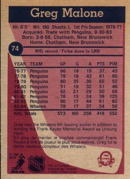 1984-85 O-Pee-Chee #74 Greg Malone Back