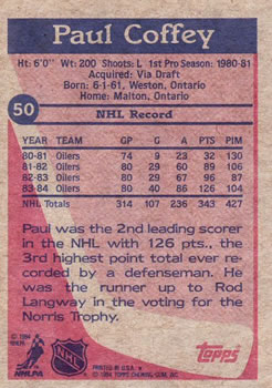 1984-85 Topps #50 Paul Coffey Back