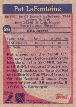 1984-85 Topps #96 Pat LaFontaine Back