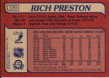 1985-86 O-Pee-Chee #139 Rich Preston Back