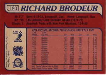 1985-86 O-Pee-Chee #180 Richard Brodeur Back