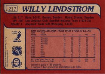 1985-86 O-Pee-Chee #217 Willy Lindstrom Back