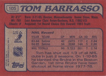 1985-86 Topps #105 Tom Barrasso Back