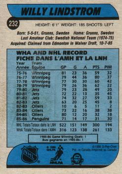 1986-87 O-Pee-Chee #232 Willy Lindstrom Back