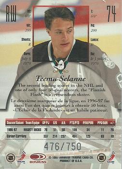 1997-98 Donruss Canadian Ice - Provincial Series #74 Teemu Selanne Back