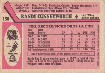 1987-88 O-Pee-Chee #150 Randy Cunneyworth Back