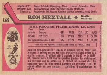 1987-88 O-Pee-Chee #169 Ron Hextall Back