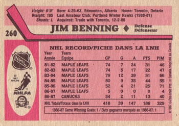1987-88 O-Pee-Chee #260 Jim Benning Back