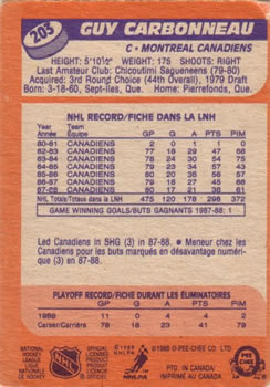 1988-89 O-Pee-Chee #203 Guy Carbonneau Back