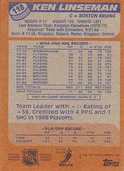 1988-89 Topps #118 Ken Linseman Back
