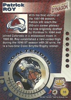 1997-98 Pacific Dynagon - Emerald Green #33 Patrick Roy Back
