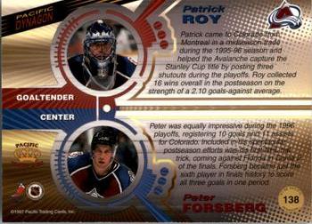 1997-98 Pacific Dynagon - Emerald Green #138 Peter Forsberg / Patrick Roy Back