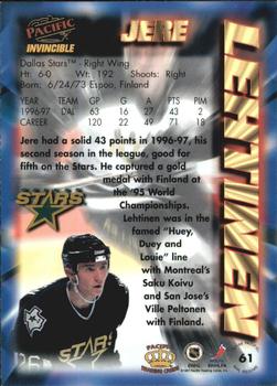 1997-98 Pacific Invincible - NHL Regime #61 Jere Lehtinen Back
