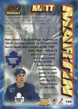 1997-98 Pacific Invincible - NHL Regime #194 Matt Martin Back