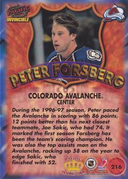 1997-98 Pacific Invincible - NHL Regime #216 Peter Forsberg Back