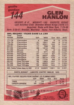 1989-90 O-Pee-Chee #144 Glen Hanlon Back