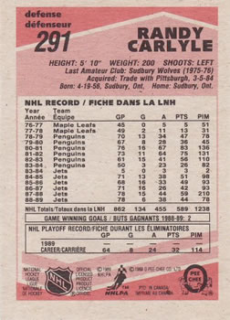 1989-90 O-Pee-Chee #291 Randy Carlyle Back