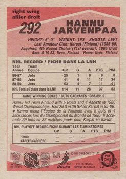 1989-90 O-Pee-Chee #292 Hannu Jarvenpaa Back