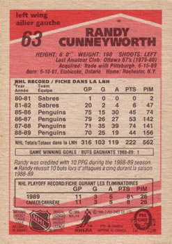 1989-90 O-Pee-Chee #63 Randy Cunneyworth Back