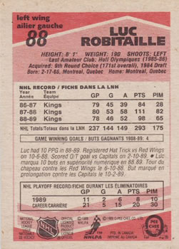 1989-90 O-Pee-Chee #88 Luc Robitaille Back