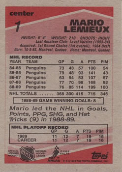 1989-90 Topps #1 Mario Lemieux Back