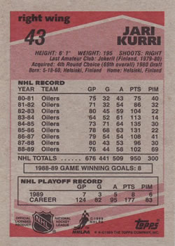 1989-90 Topps #43 Jari Kurri Back