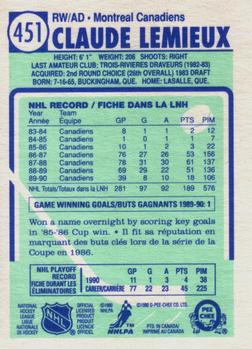 1990-91 O-Pee-Chee #451 Claude Lemieux Back