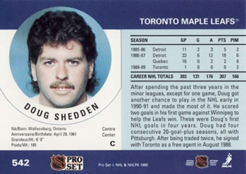1990-91 Pro Set #542 Doug Shedden Back