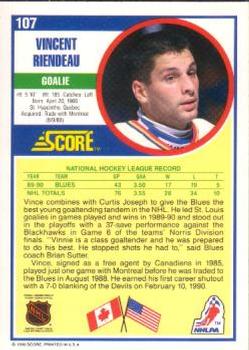 1990-91 Score American #107 Vincent Riendeau Back