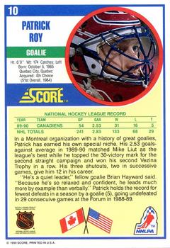 1990-91 Score American #10 Patrick Roy Back