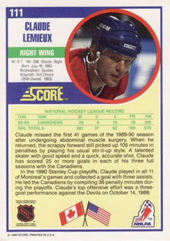 1990-91 Score American #111 Claude Lemieux Back