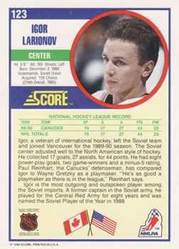 1990-91 Score American #123 Igor Larionov Back