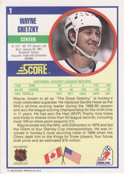 1990-91 Score American #1 Wayne Gretzky Back