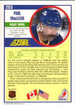 1990-91 Score American #203 Paul MacLean Back