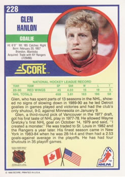 1990-91 Score American #228 Glen Hanlon Back