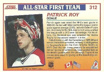 1990-91 Score American #312 Patrick Roy Back