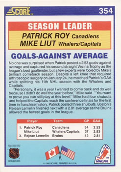 1990-91 Score American #354 Patrick Roy / Mike Liut Back