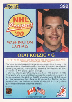 1990-91 Score American #392 Olaf Kolzig Back