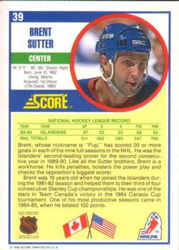 1990-91 Score American #39 Brent Sutter Back