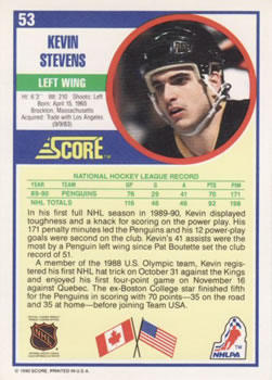 1990-91 Score American #53 Kevin Stevens Back