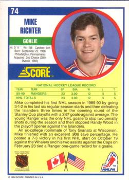 1990-91 Score American #74 Mike Richter Back
