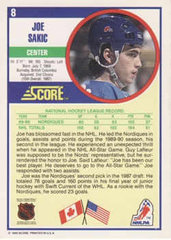1990-91 Score American #8 Joe Sakic Back