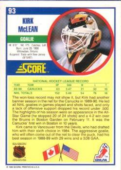1990-91 Score American #93 Kirk McLean Back