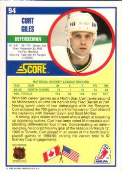 1990-91 Score American #94 Curt Giles Back
