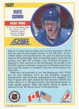 1990-91 Score Rookie and Traded #100T Mats Sundin Back