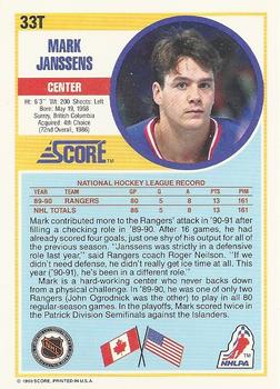 1990-91 Score Rookie and Traded #33T Mark Janssens Back
