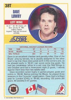 1990-91 Score Rookie and Traded #38T Dave Lowry Back