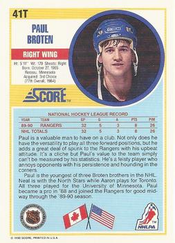1990-91 Score Rookie and Traded #41T Paul Broten Back