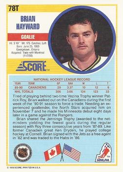 1990-91 Score Rookie and Traded #78T Brian Hayward Back